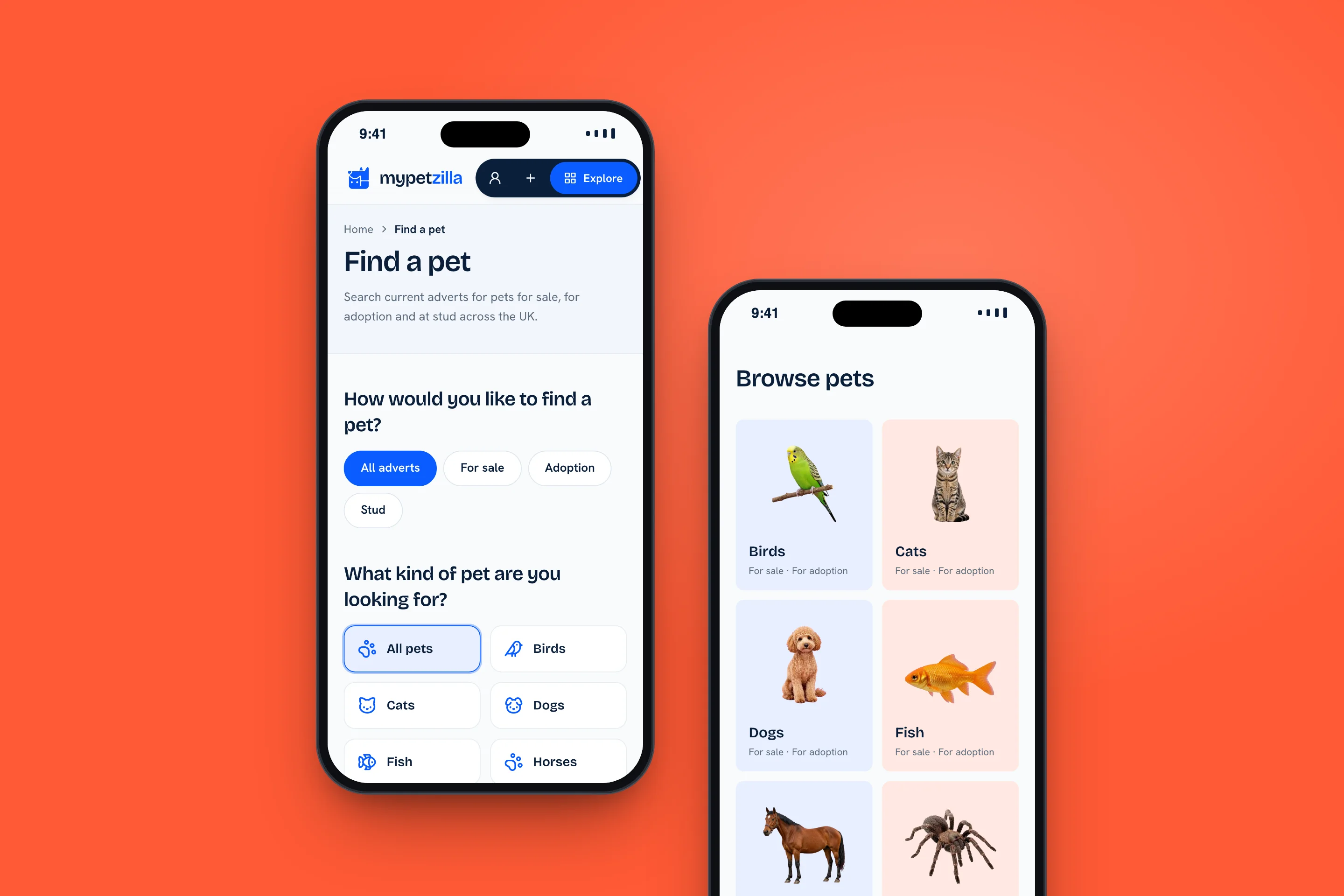Mypetzilla on mobile: finding a pet by type, and the browse pets grid