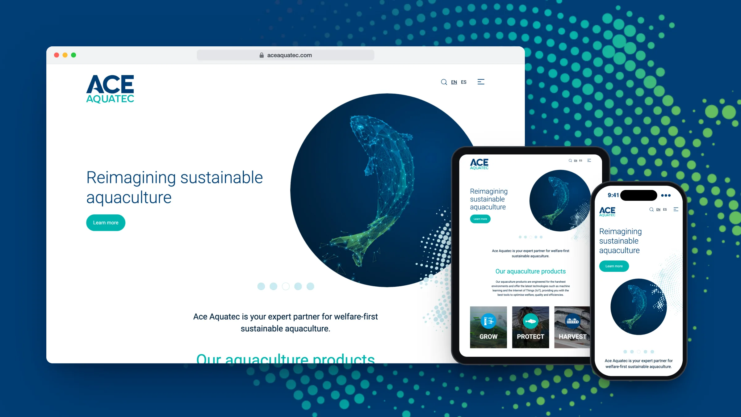 The Ace Aquatec website on desktop, iPad and iPhone: Reimagining sustainable aquaculture