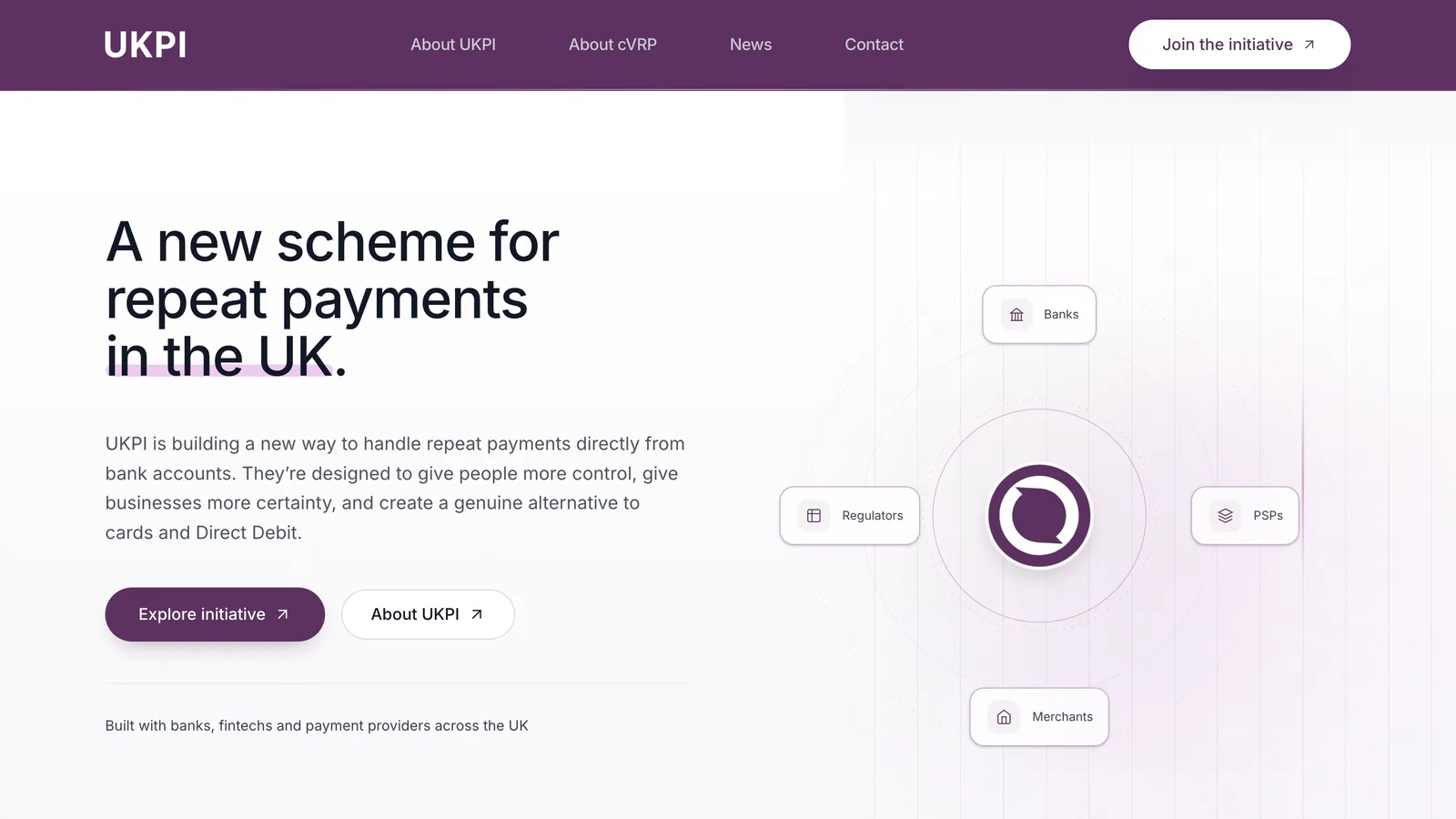 UK Payments Initiative homepage introducing a new scheme for repeat payments in the UK
