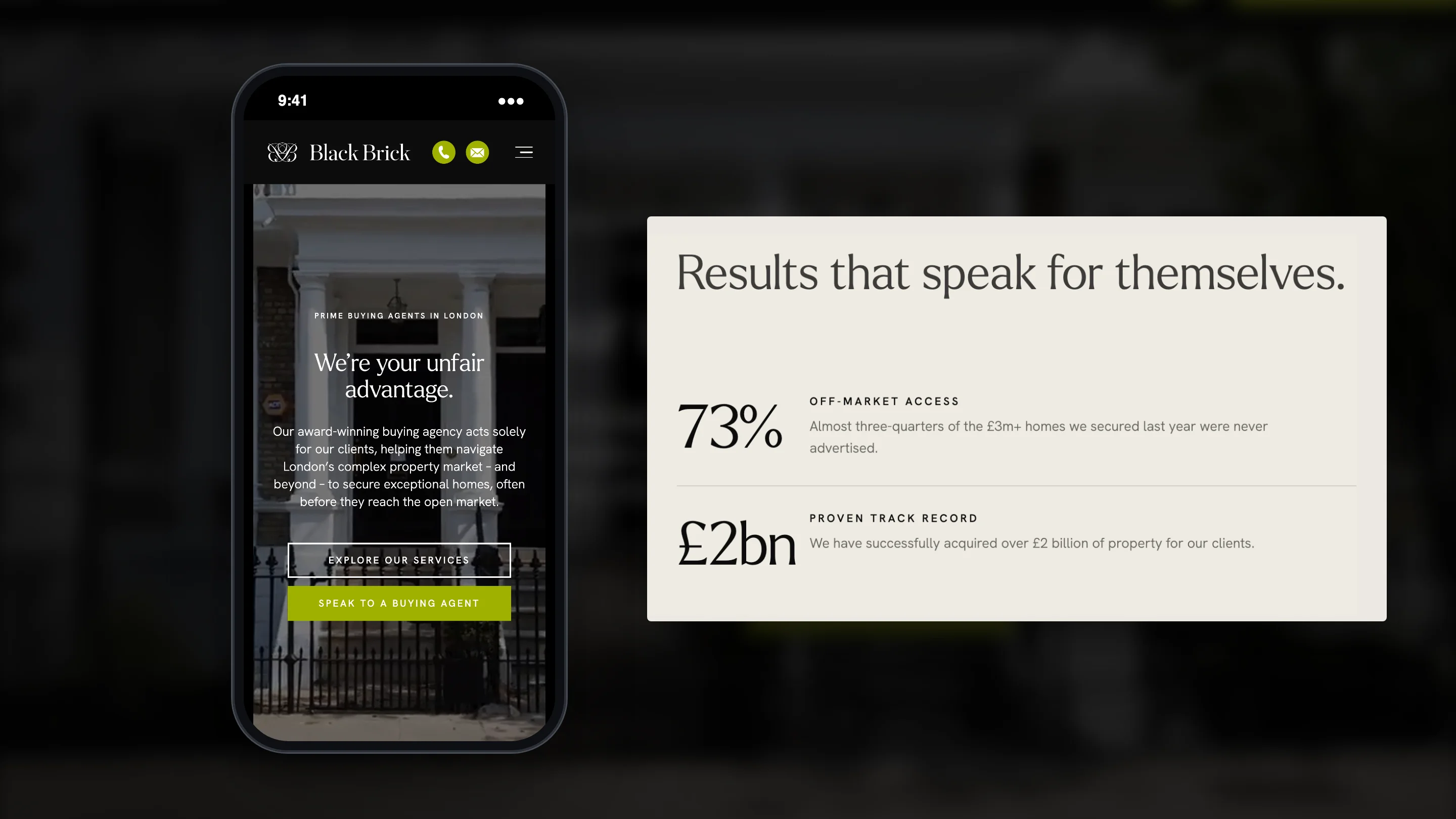 The Black Brick homepage on mobile beside its published results: 73% off-market access and £2bn acquired