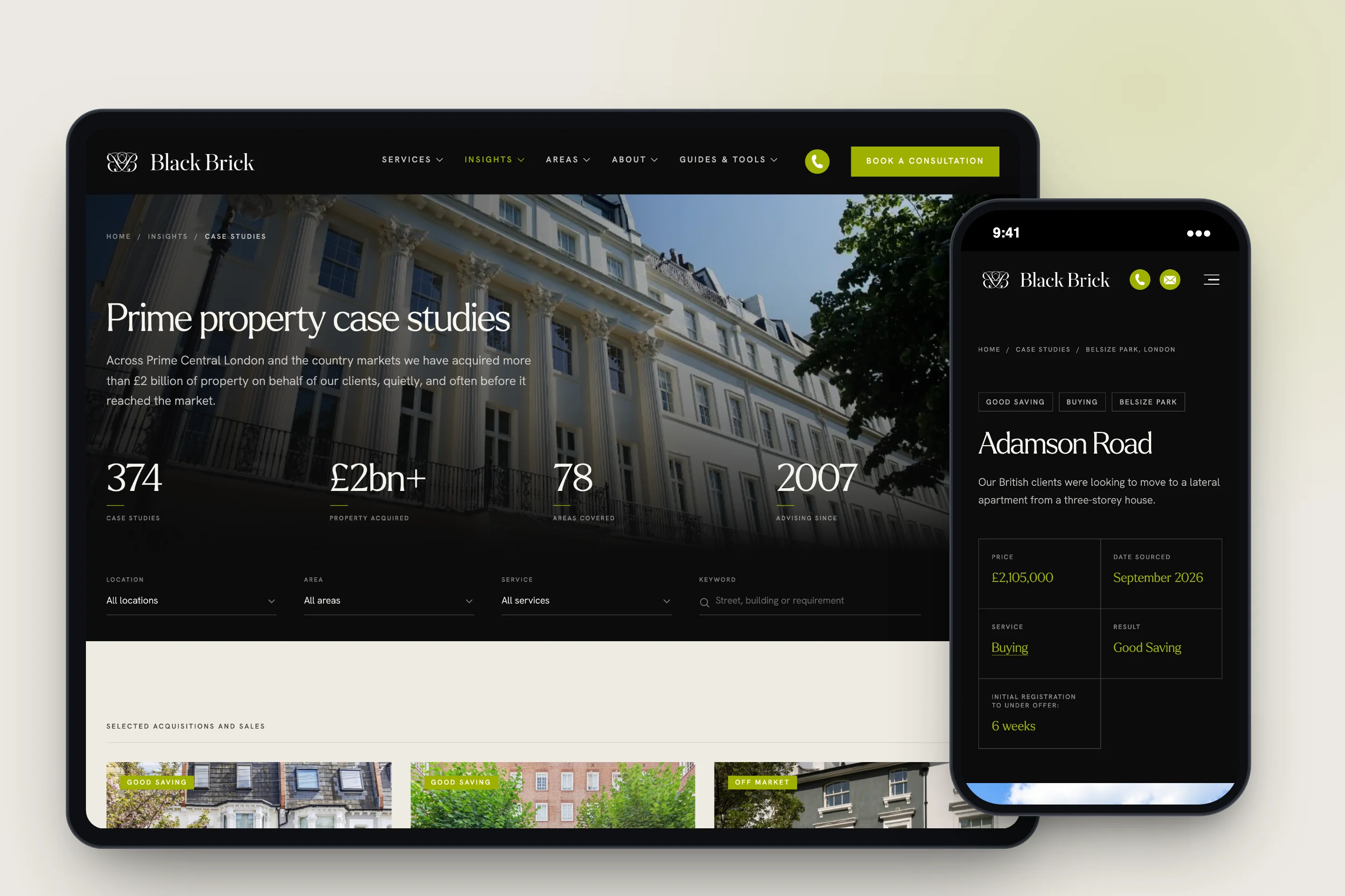 Black Brick's prime property case studies on tablet, with the Adamson Road case study on mobile