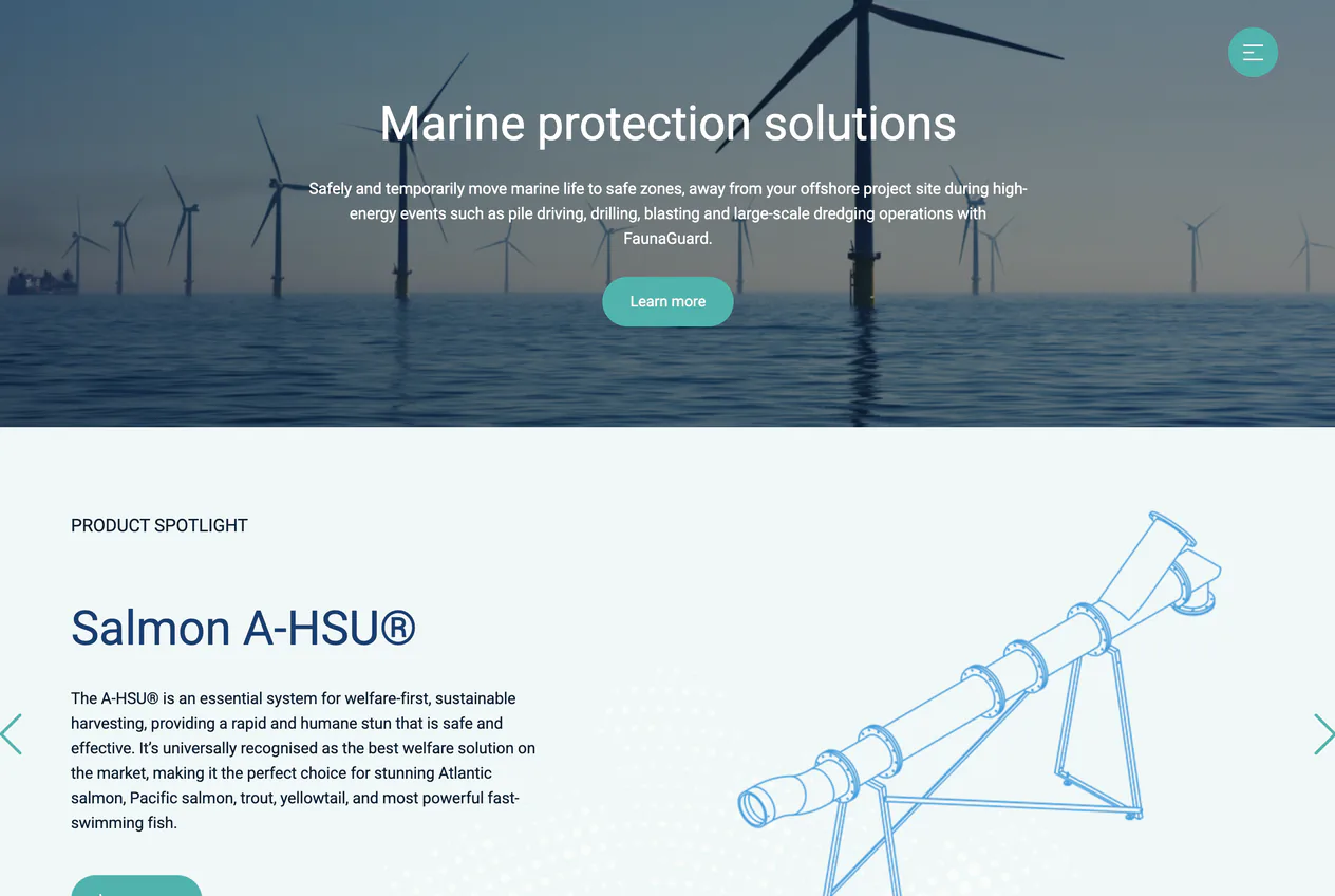 Ace Aquatec marine protection section above a product spotlight for the Salmon A-HSU