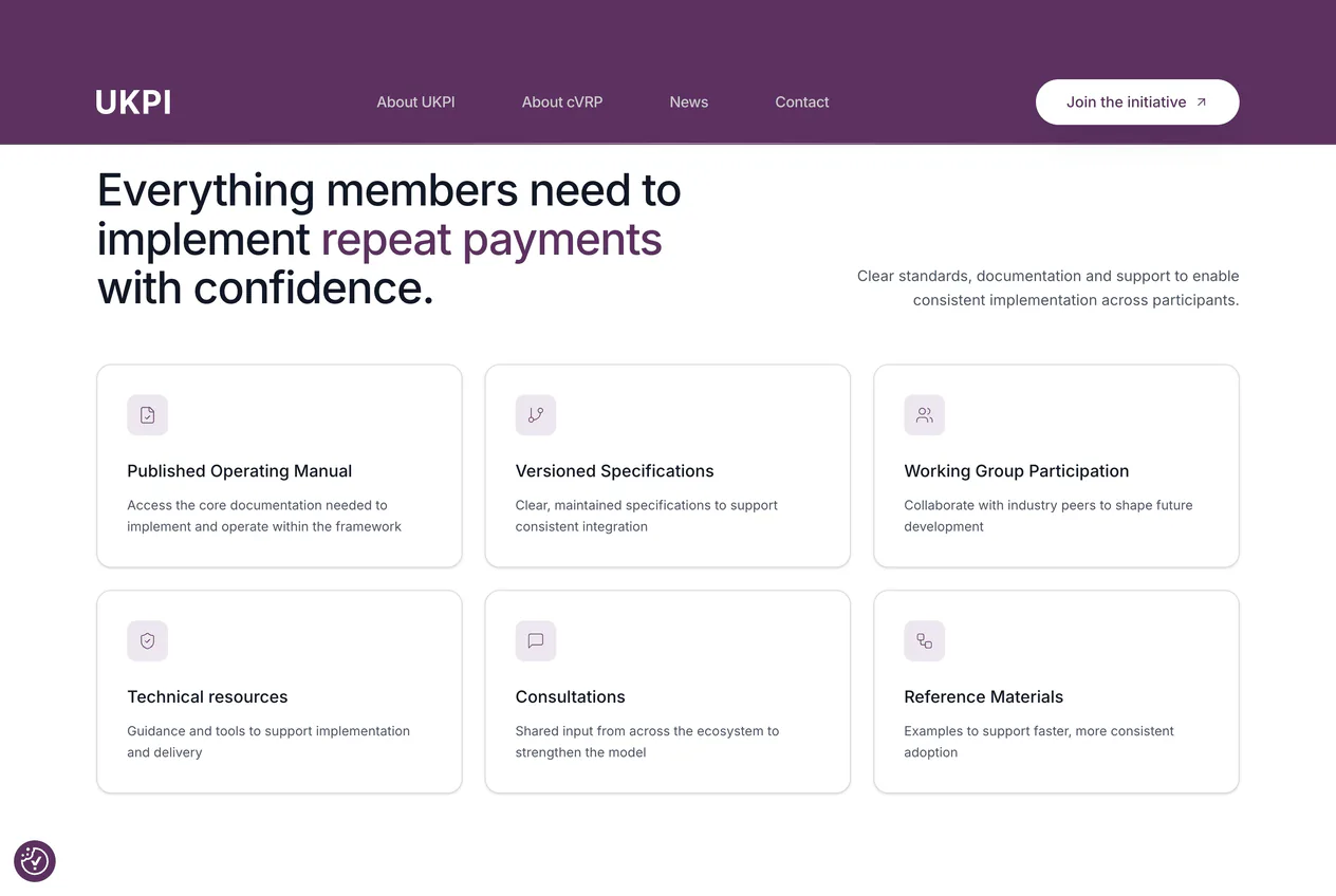 UK Payments Initiative's member resources section covering the operating manual, specifications and working groups