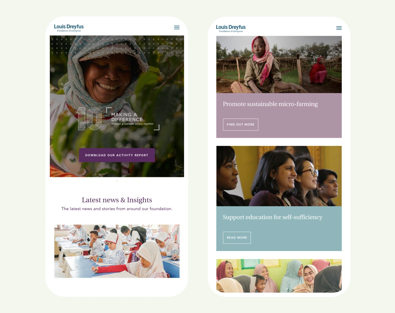The Louis Dreyfus Foundation site on mobile: the Making a Difference homepage and focus areas