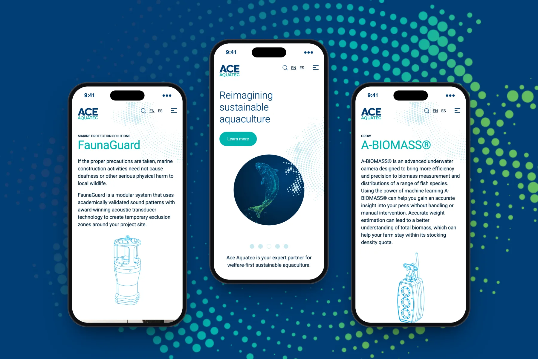 The FaunaGuard, homepage and A-BIOMASS pages of the Ace Aquatec website on iPhone