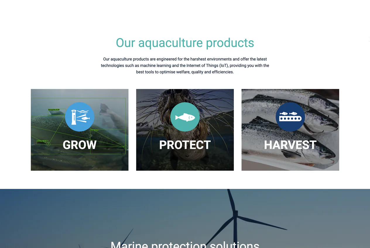 Ace Aquatec aquaculture products organised into Grow, Protect and Harvest