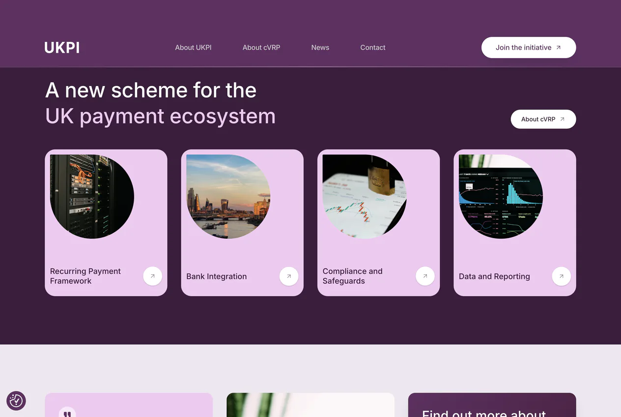 UK Payments Initiative's payment ecosystem section with its four scheme pillars