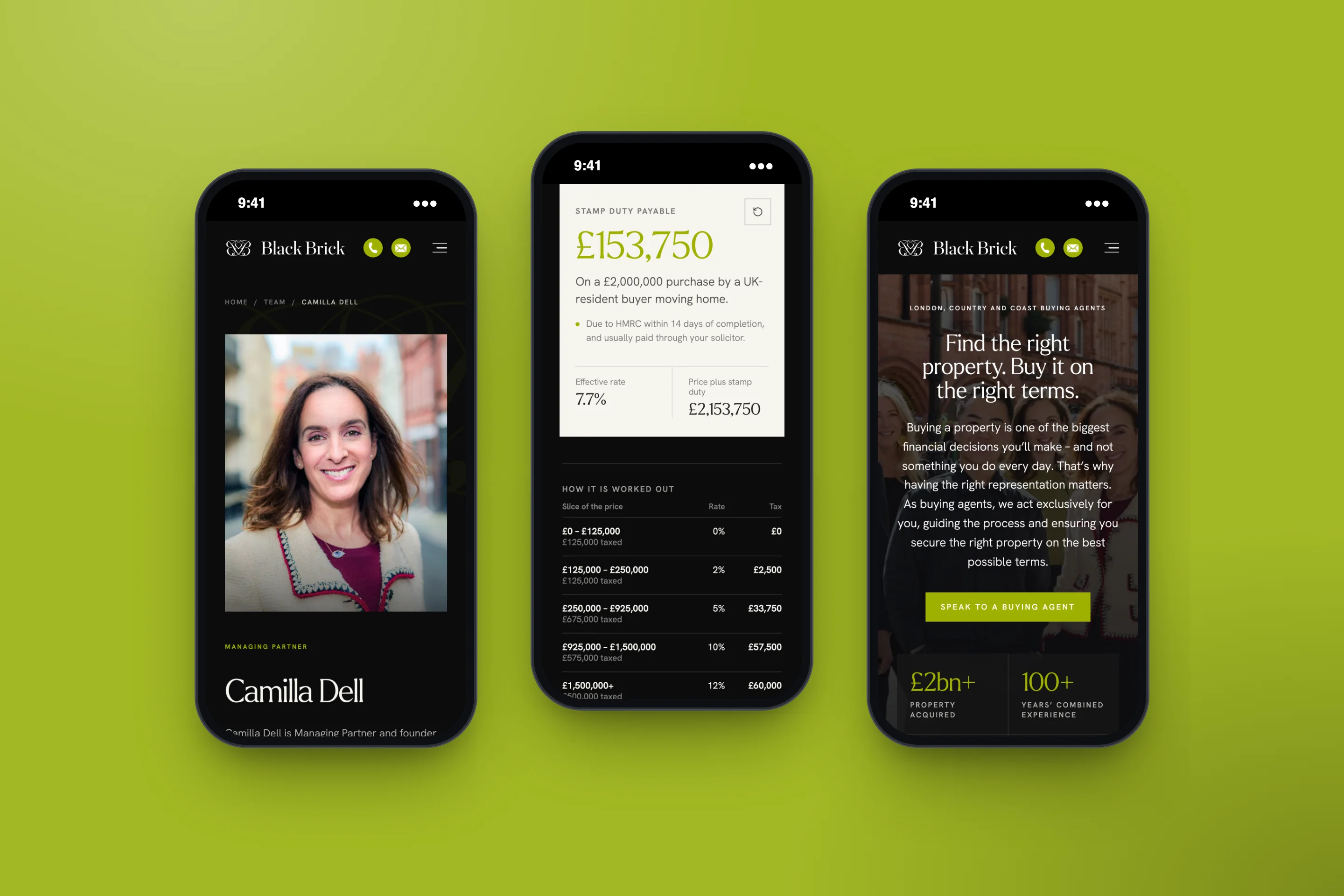 Black Brick on mobile: managing partner Camilla Dell's profile, the stamp duty calculator on a £2 million home, and the property buying service