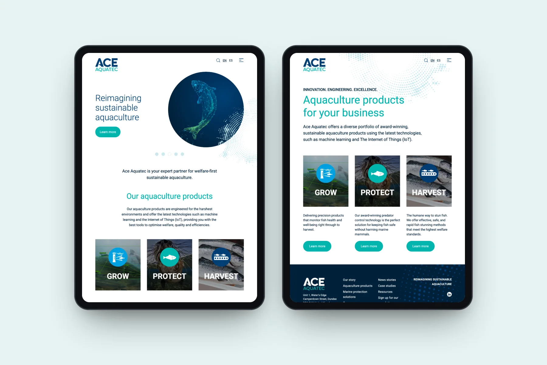 The Ace Aquatec homepage and aquaculture products page on iPad, with Grow, Protect and Harvest