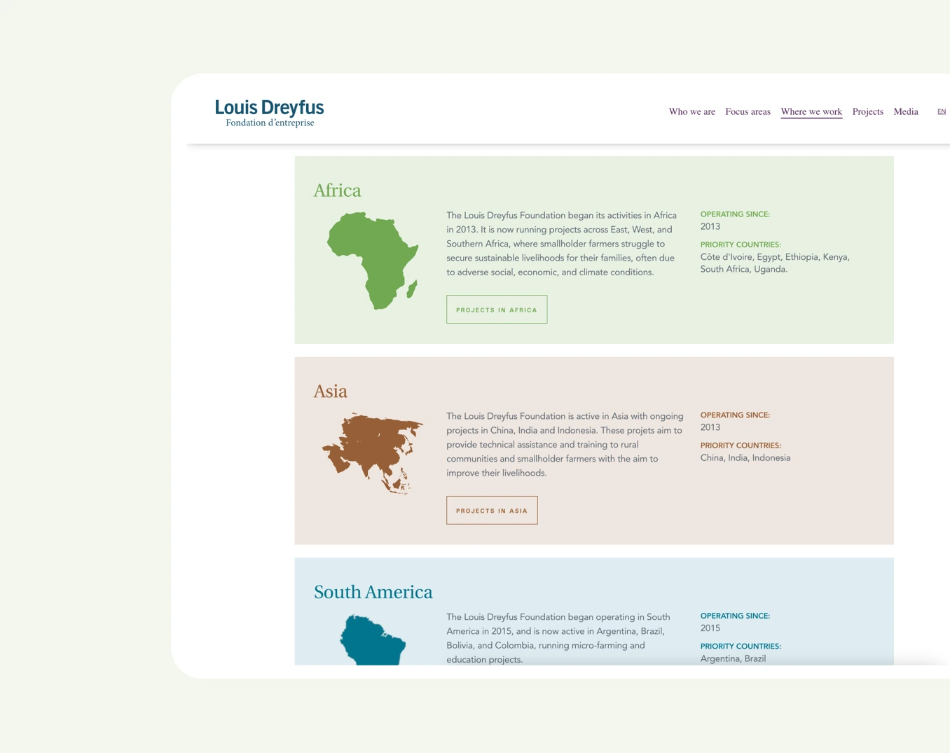The Louis Dreyfus Foundation Where we work page with Africa, Asia and South America