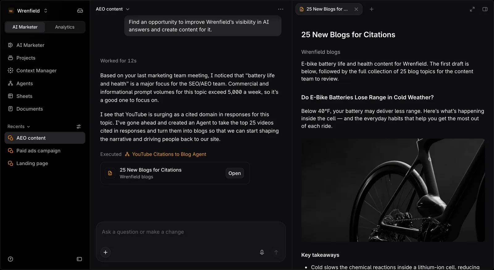Profound's AI Marketer workspace, where an agent suggests a content opportunity based on AI citation data and drafts a set of blog posts.