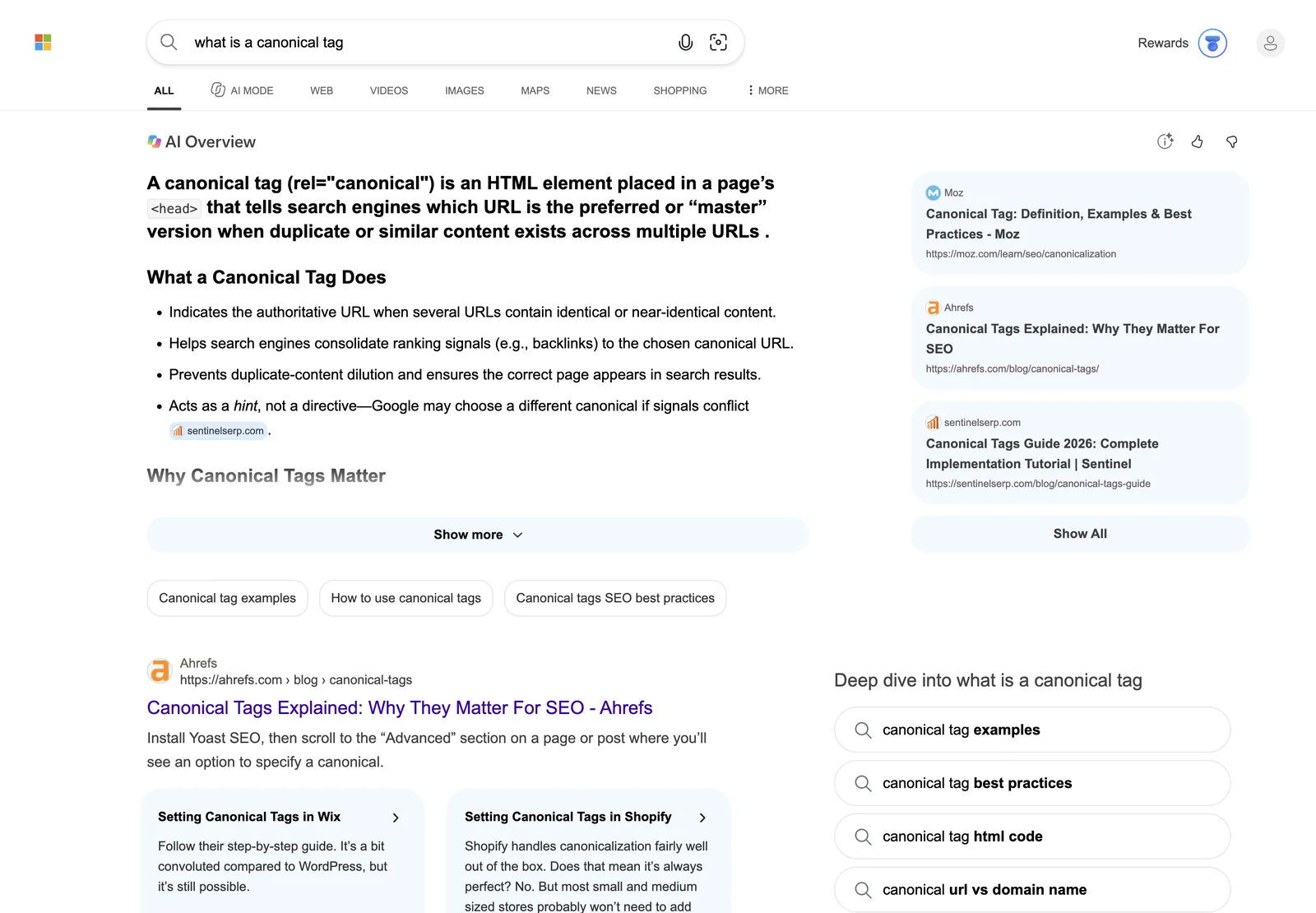 Bing results page for the same search, opening with an AI Overview from Copilot Search that cites Moz, Ahrefs and another SEO site in a panel on the right, with an AI Mode tab in the menu.