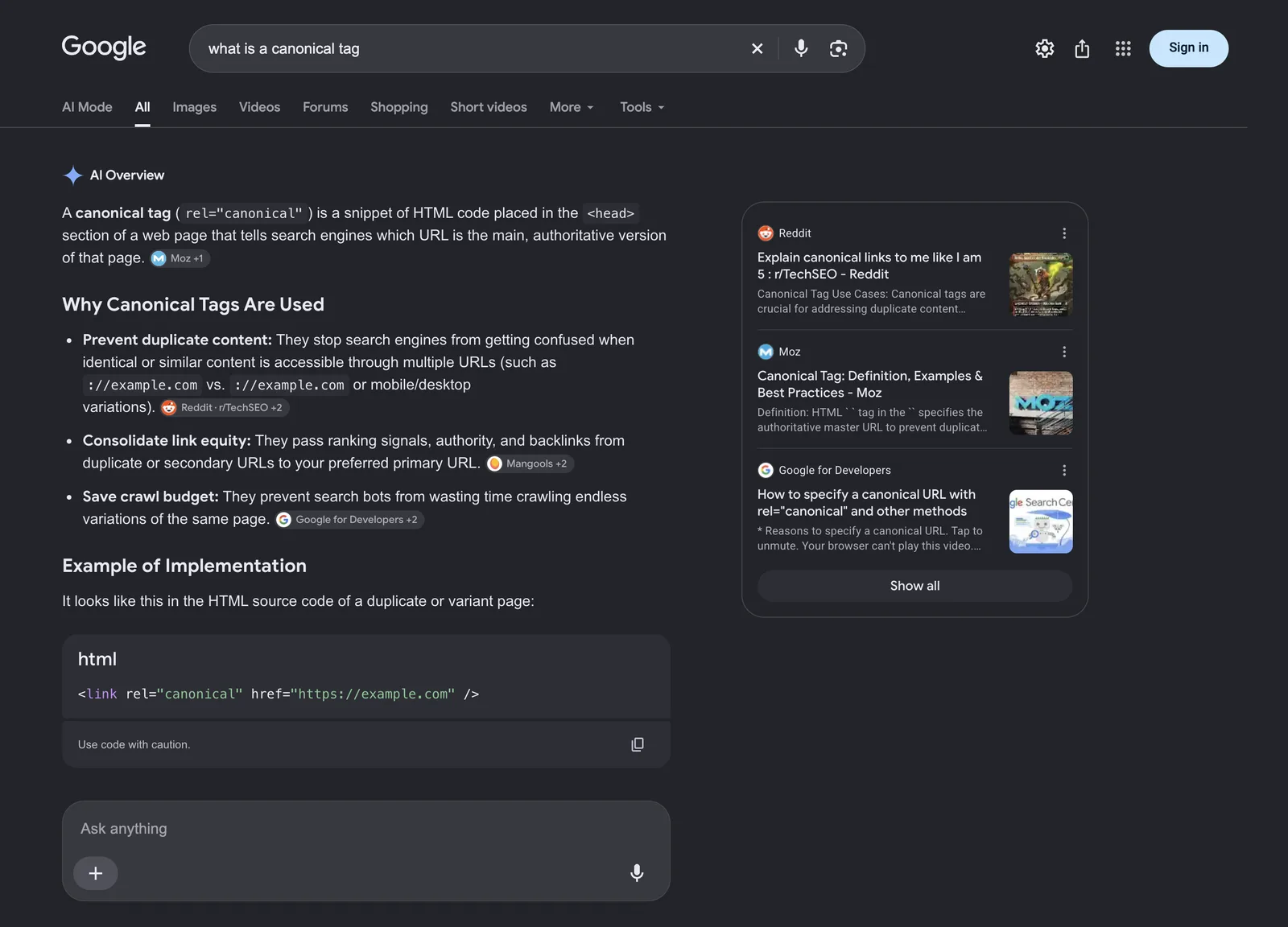 Google results page for the search 'what is a canonical tag', opening with an AI Overview that explains the tag and cites Reddit, Moz and Google for Developers in a panel on the right, with an AI Mode tab above the results.