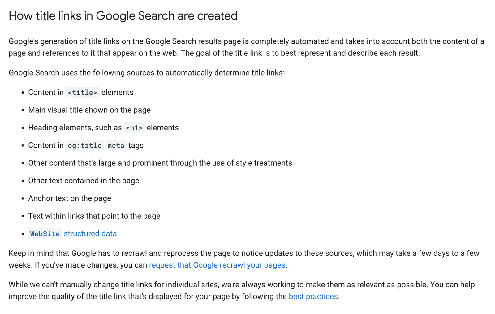 Google Search Central documentation listing the sources Google uses to create title links: the title element, the main visual title, headings such as h1, og:title meta tags, other prominent text, other text on the page, anchor text, text in links that point to the page, and WebSite structured data.